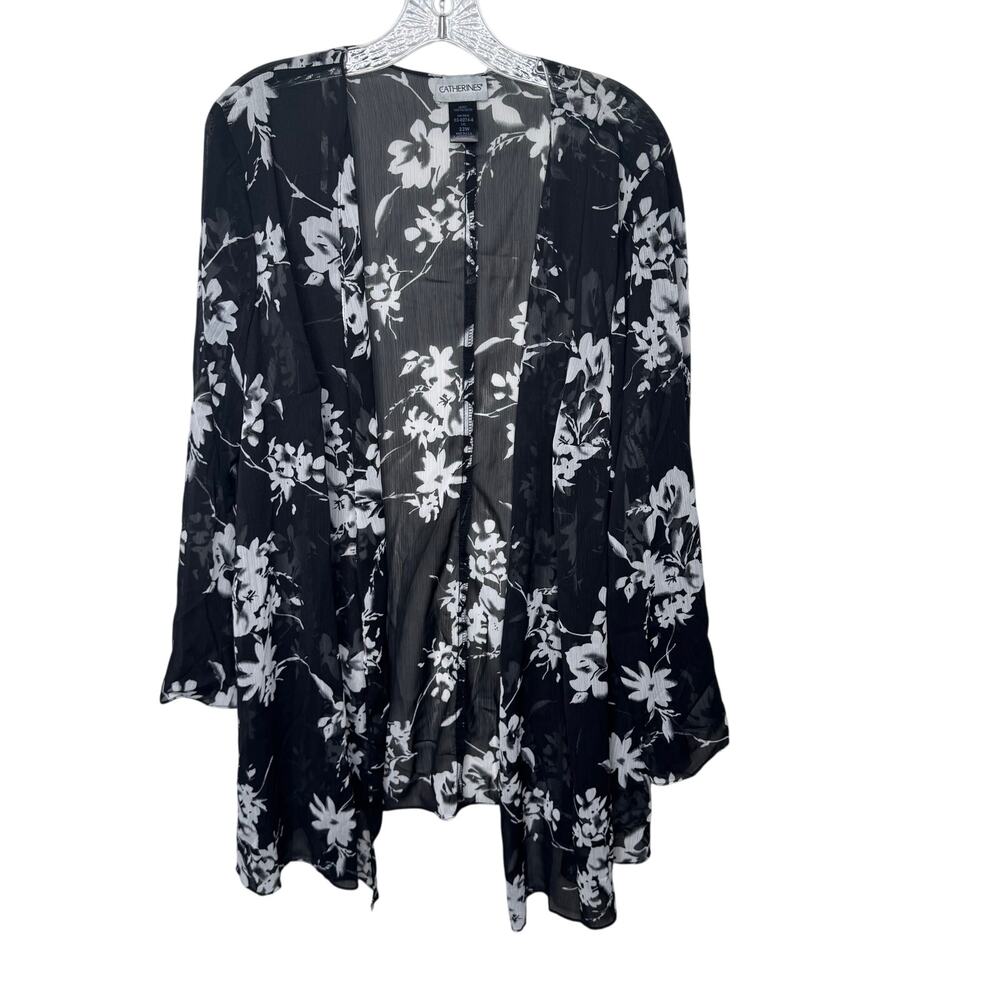 Catherines Black Floral Sheer Kimono Jacket 22W‎ Plus Size Lightweight Layering